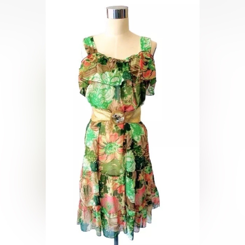 McGinn Anthropologie Green Floral Cocktail Party Dress sz 2